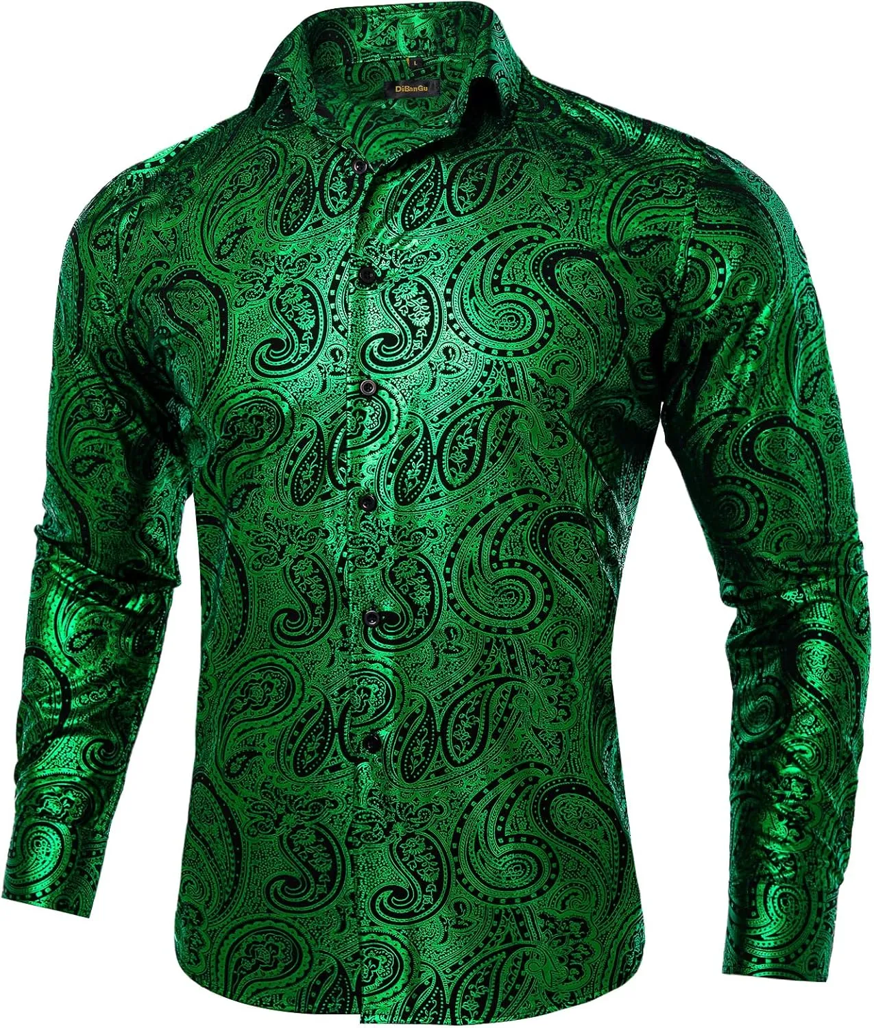 DiBanGu Mens Paisley Dress Shirt Luxury Printed Long Sleeve Button Down Shirts Regular Fit Shiny Shirts for Wedding Prom