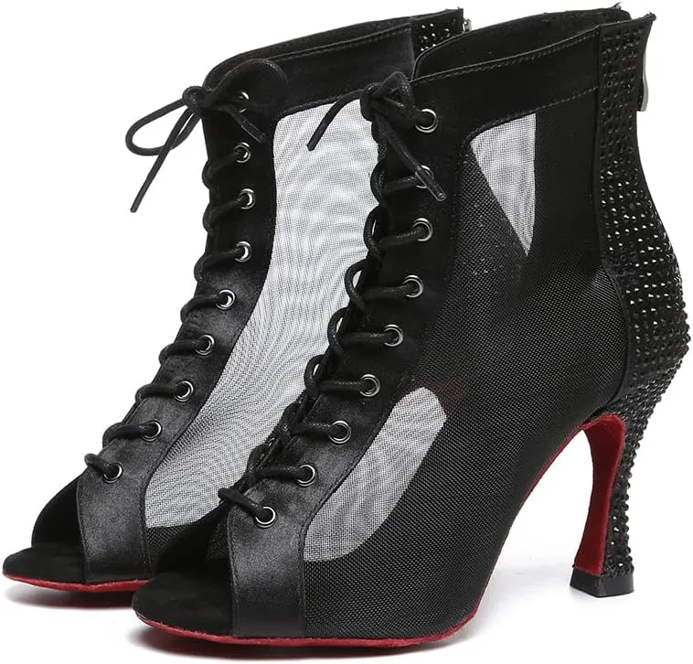 DKZSYIM Women Rhinestone Ballroom Dance Shoes Latin Salsa Perfermence Practice Dancing Shoes,Model YCL434