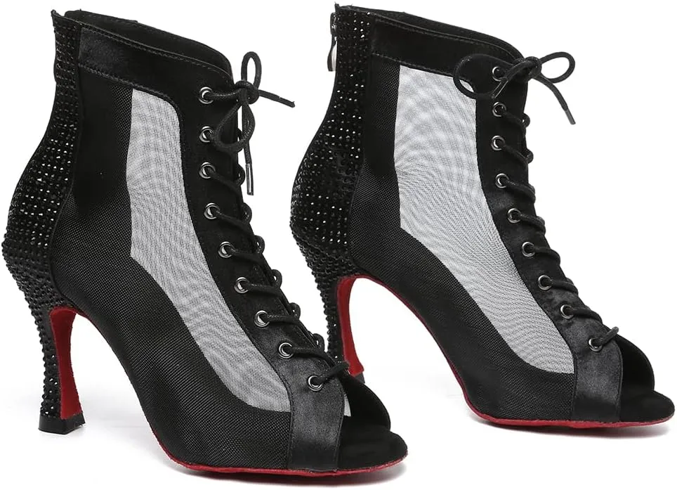 DKZSYIM Women Rhinestone Ballroom Dance Shoes Latin Salsa Perfermence Practice Dancing Shoes,Model YCL434