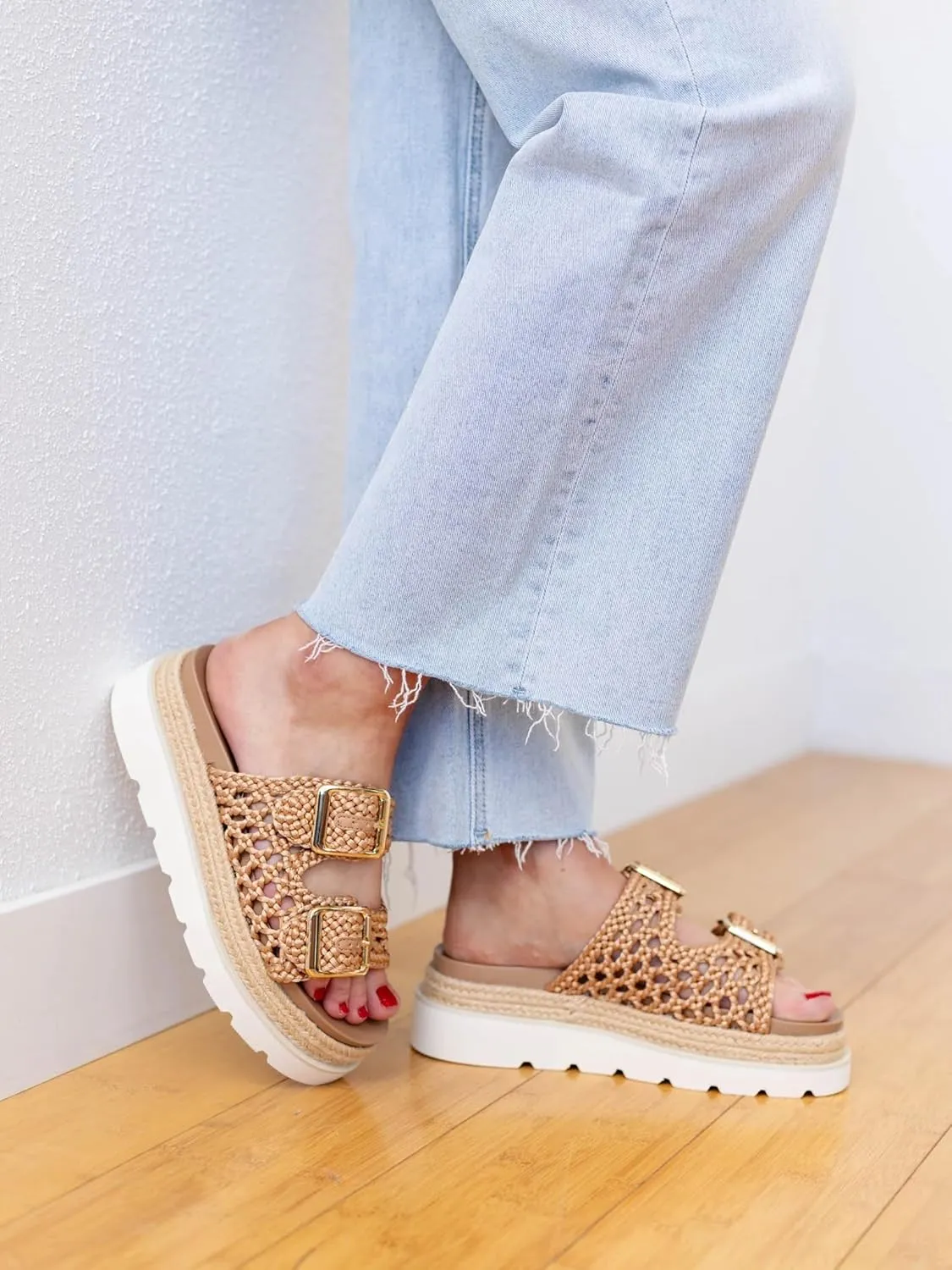 DOEYG Raffia Platform Wedges Sandals for Women Summer Beach Slide Sandals Comfortable Casual Woven Straw Crochet Open Toe Flatform Sandal