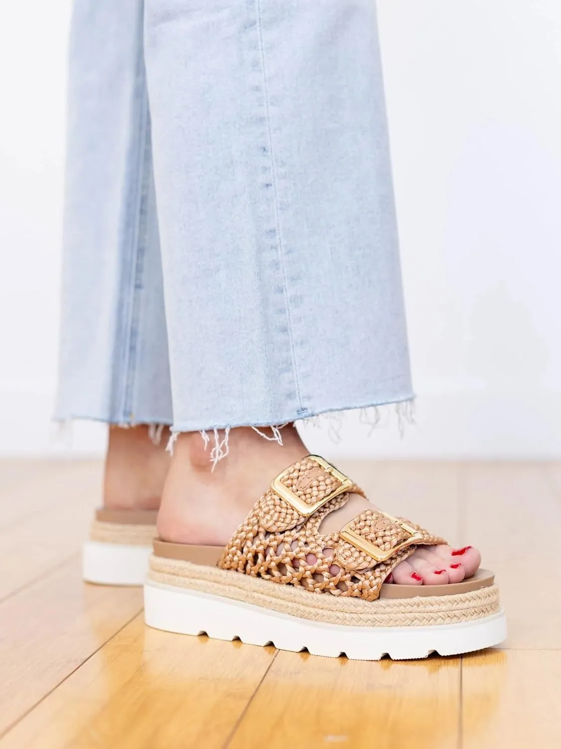 DOEYG Raffia Platform Wedges Sandals for Women Summer Beach Slide Sandals Comfortable Casual Woven Straw Crochet Open Toe Flatform Sandal