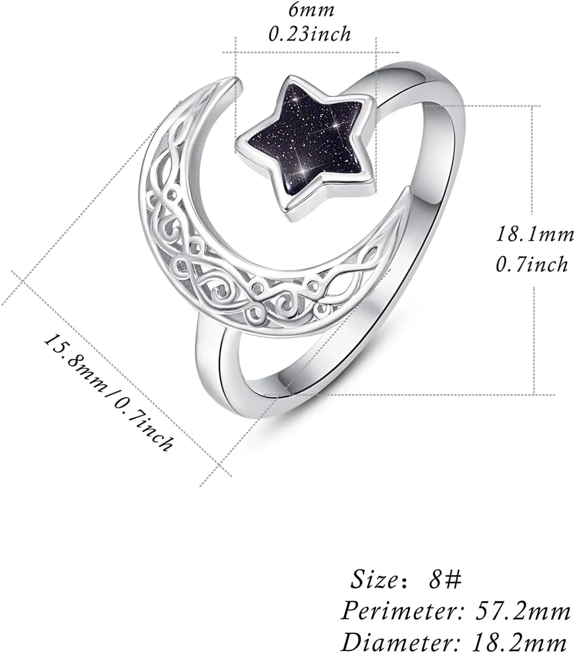 Dreamboat Sterling Silver Moon and Star Rings for Women Crescent Moon Ring Celestial Galaxy Witchy Star Jewelry Adjustable