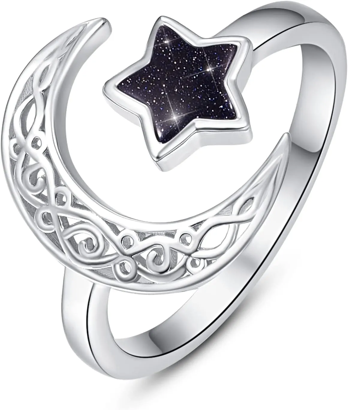 Dreamboat Sterling Silver Moon and Star Rings for Women Crescent Moon Ring Celestial Galaxy Witchy Star Jewelry Adjustable