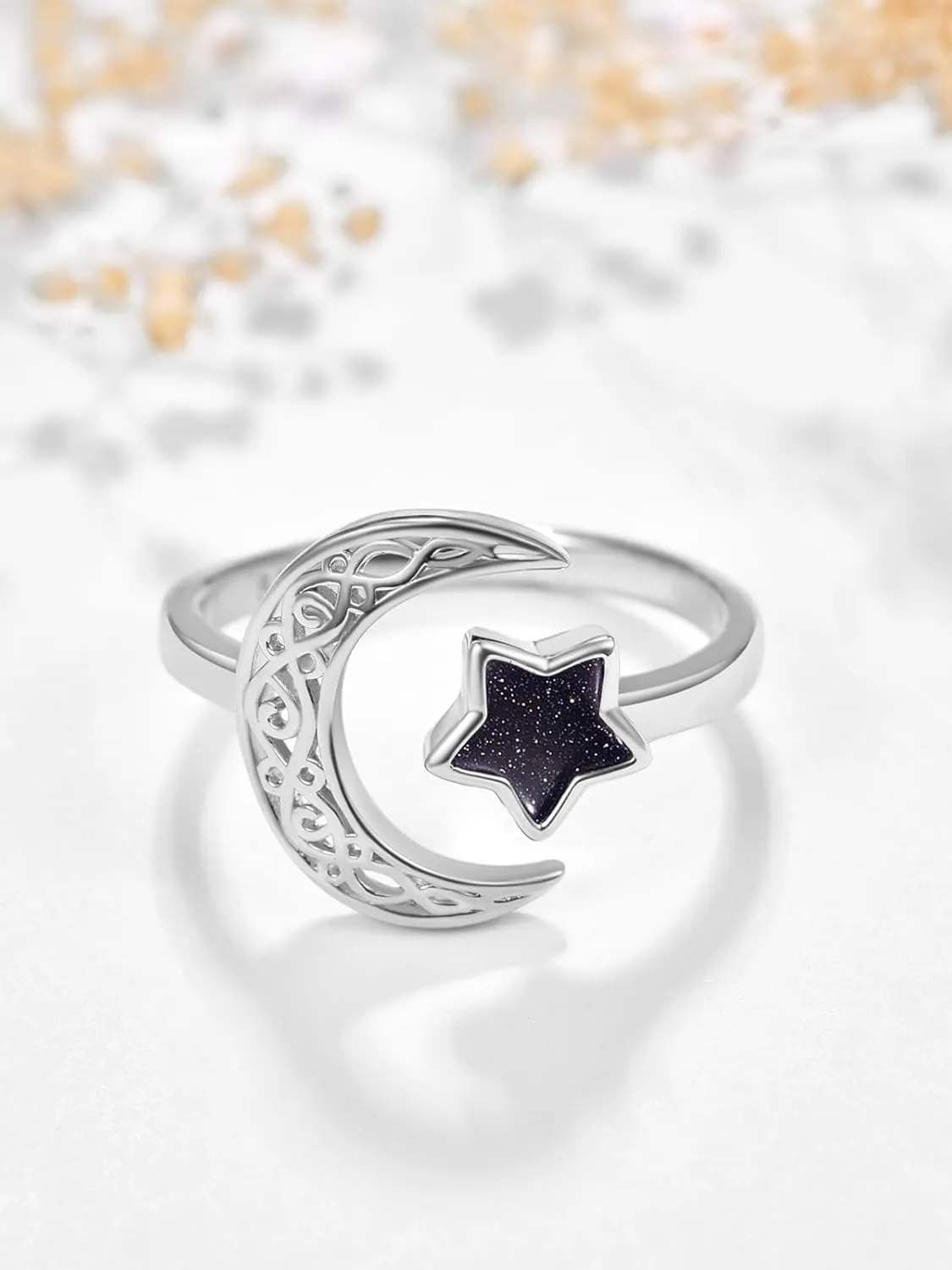 Dreamboat Sterling Silver Moon and Star Rings for Women Crescent Moon Ring Celestial Galaxy Witchy Star Jewelry Adjustable