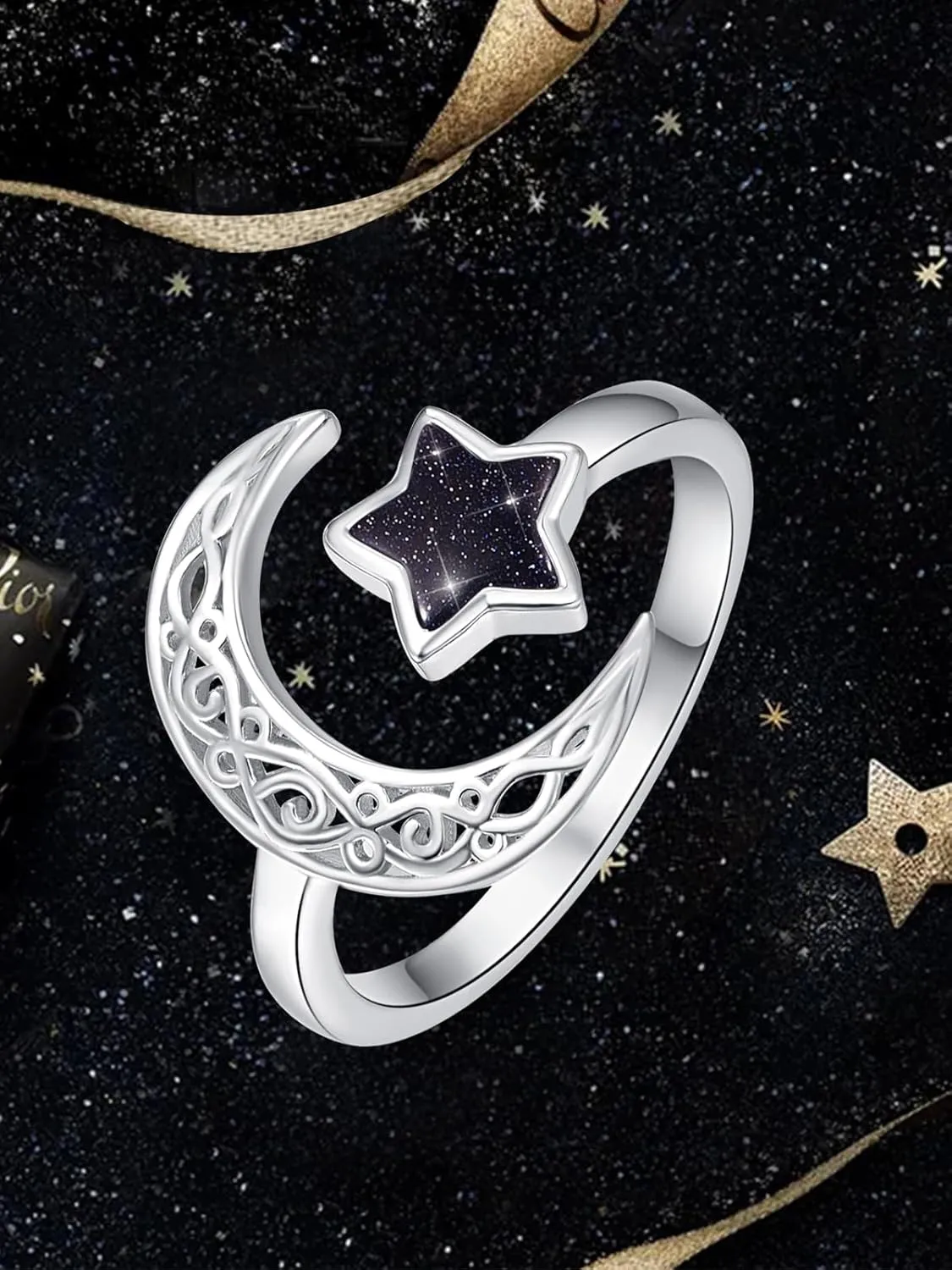 Dreamboat Sterling Silver Moon and Star Rings for Women Crescent Moon Ring Celestial Galaxy Witchy Star Jewelry Adjustable
