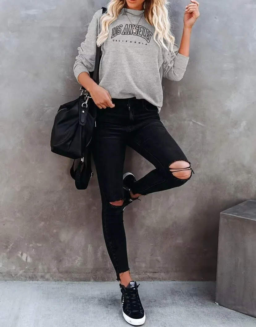 Dressmine Women's Los Angeles Crewneck Sweatshirt Casual Long Sleeve Raglan Shirts Cute Letter Print Pullover Tops