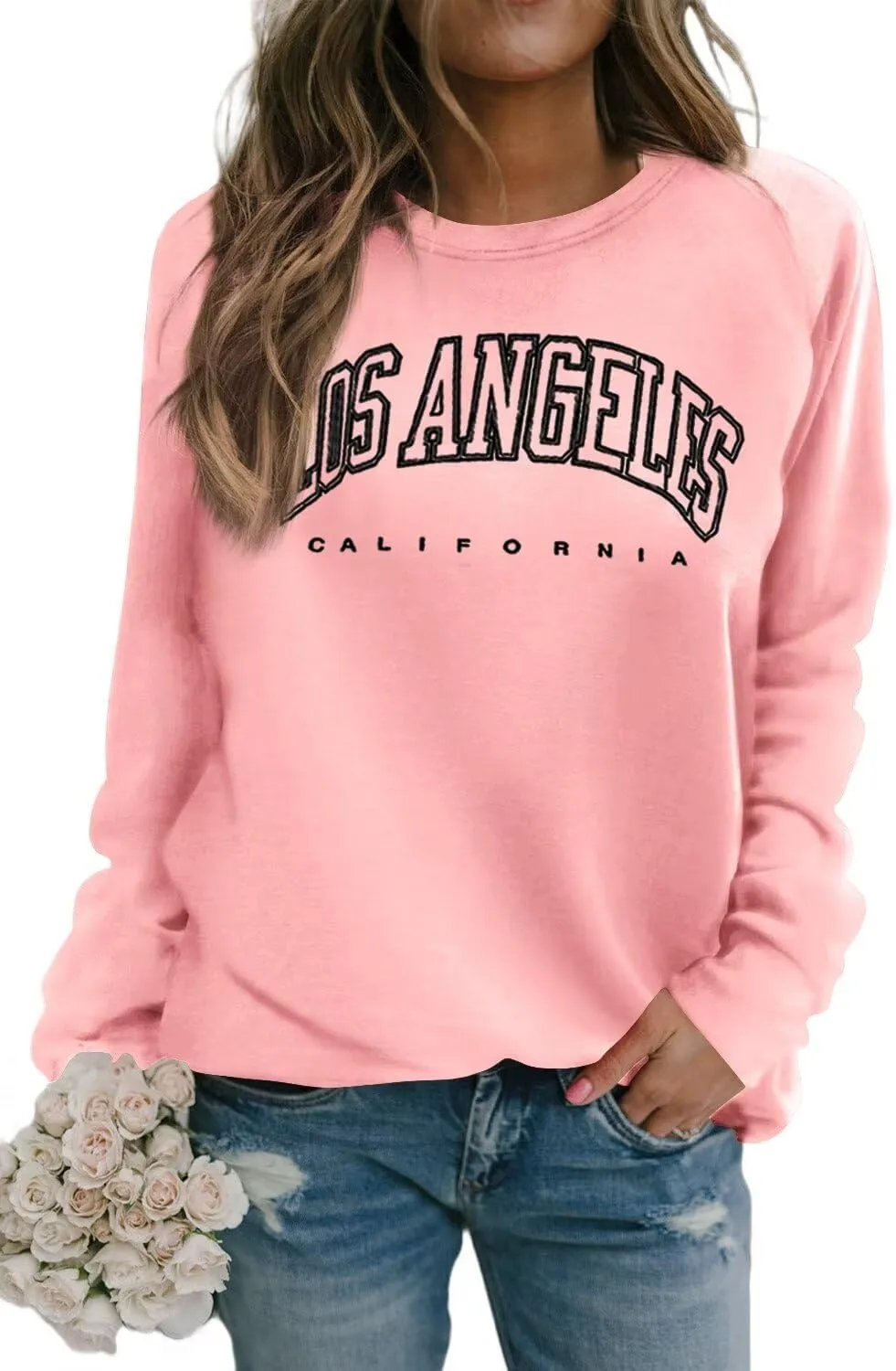 Dressmine Women's Los Angeles Crewneck Sweatshirt Casual Long Sleeve Raglan Shirts Cute Letter Print Pullover Tops