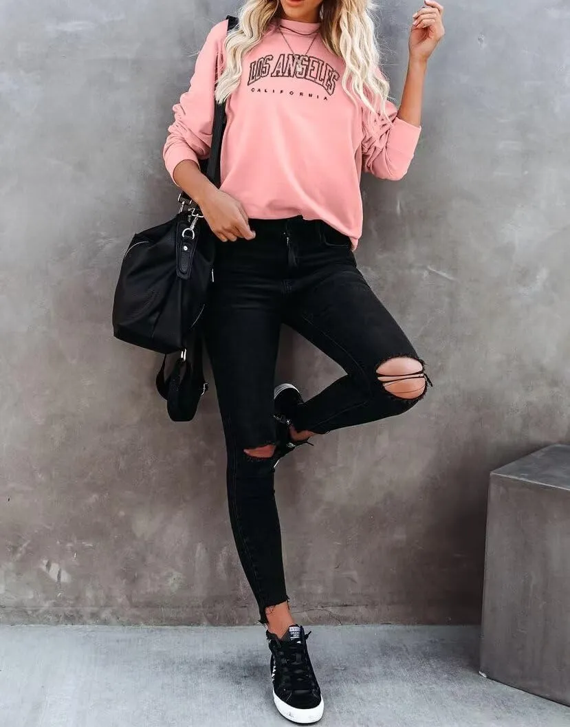 Dressmine Women's Los Angeles Crewneck Sweatshirt Casual Long Sleeve Raglan Shirts Cute Letter Print Pullover Tops
