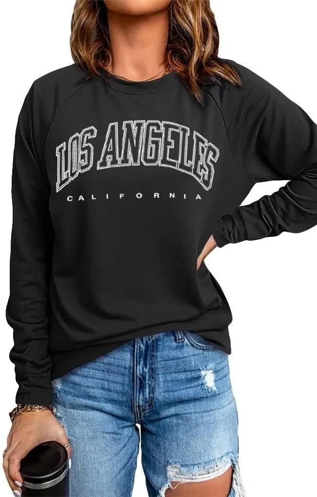 Dressmine Women's Los Angeles Crewneck Sweatshirt Casual Long Sleeve Raglan Shirts Cute Letter Print Pullover Tops