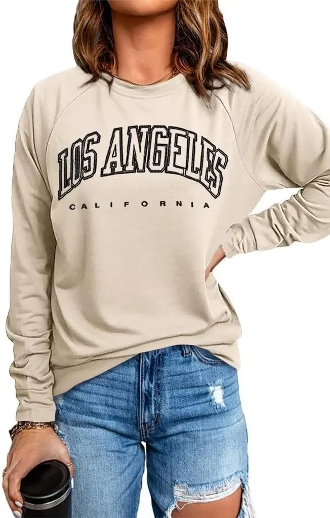 Dressmine Women's Los Angeles Crewneck Sweatshirt Casual Long Sleeve Raglan Shirts Cute Letter Print Pullover Tops