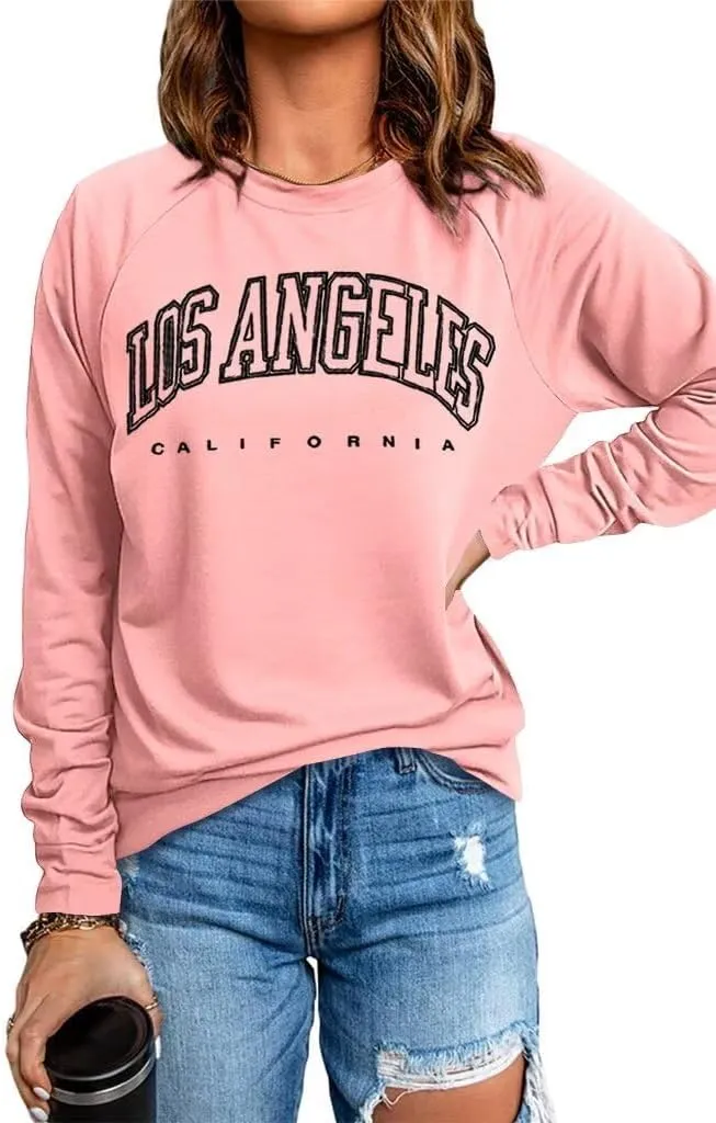 Dressmine Women's Los Angeles Crewneck Sweatshirt Casual Long Sleeve Raglan Shirts Cute Letter Print Pullover Tops
