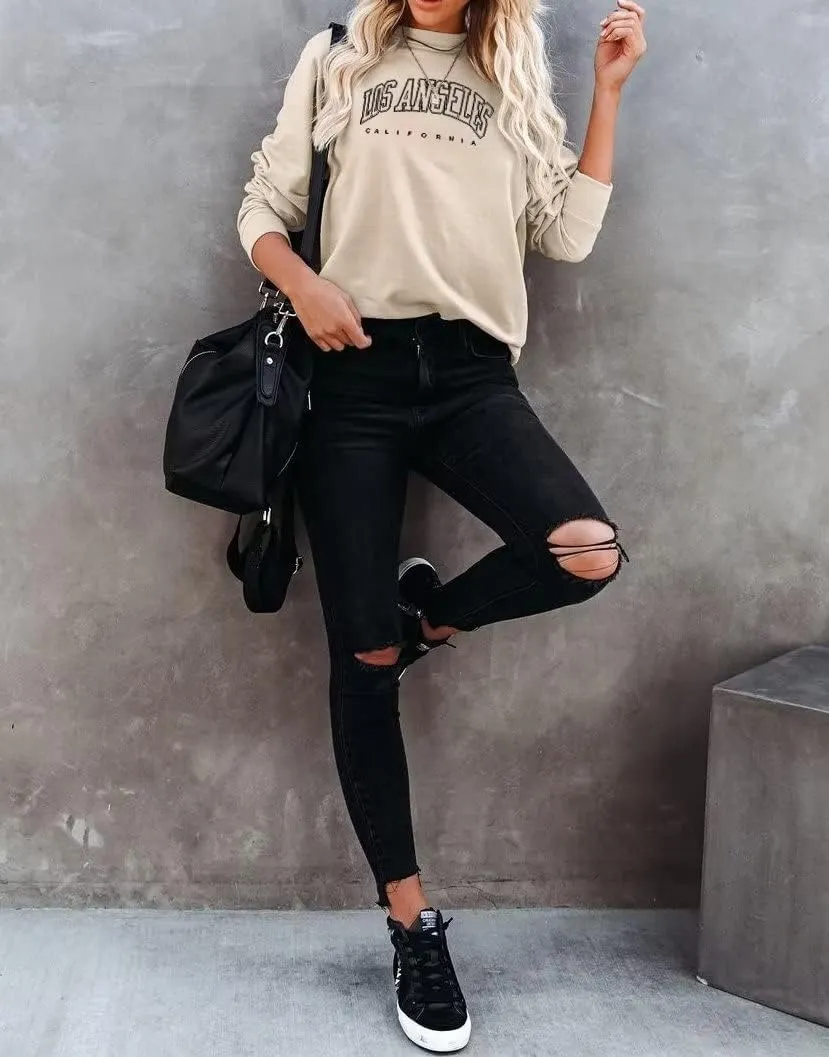 Dressmine Women's Los Angeles Crewneck Sweatshirt Casual Long Sleeve Raglan Shirts Cute Letter Print Pullover Tops