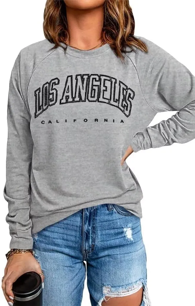 Dressmine Women's Los Angeles Crewneck Sweatshirt Casual Long Sleeve Raglan Shirts Cute Letter Print Pullover Tops