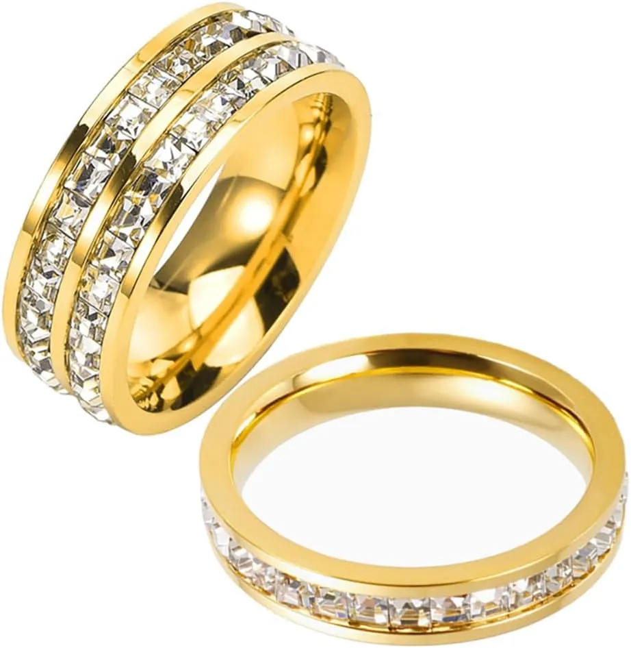 EJG Titanium Steel Crystal Zircon Rings, 2-Pack Love and Friendship Rings, Men's and Women's Fashion Wedding and Birthday Gift Rings (single ring * 1 double ring * 1)