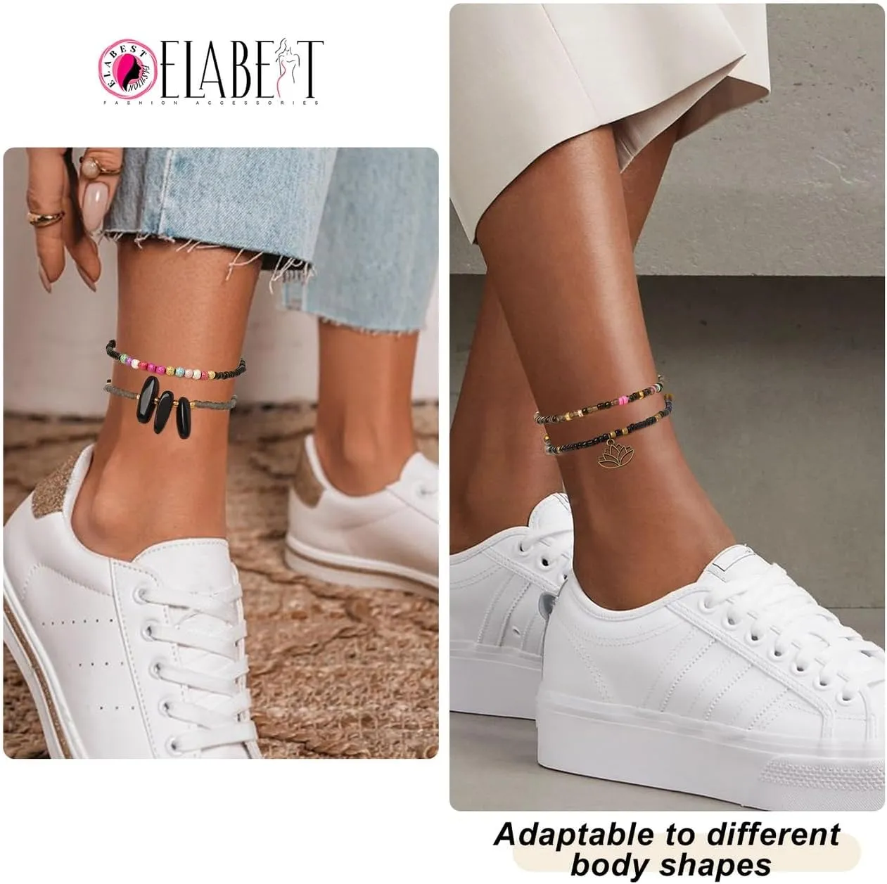ELABEST African Beads Anklet 8pcs Boho Beaded Ankle Bracelet Elastic Bead Foot Chain Jewelry for Women