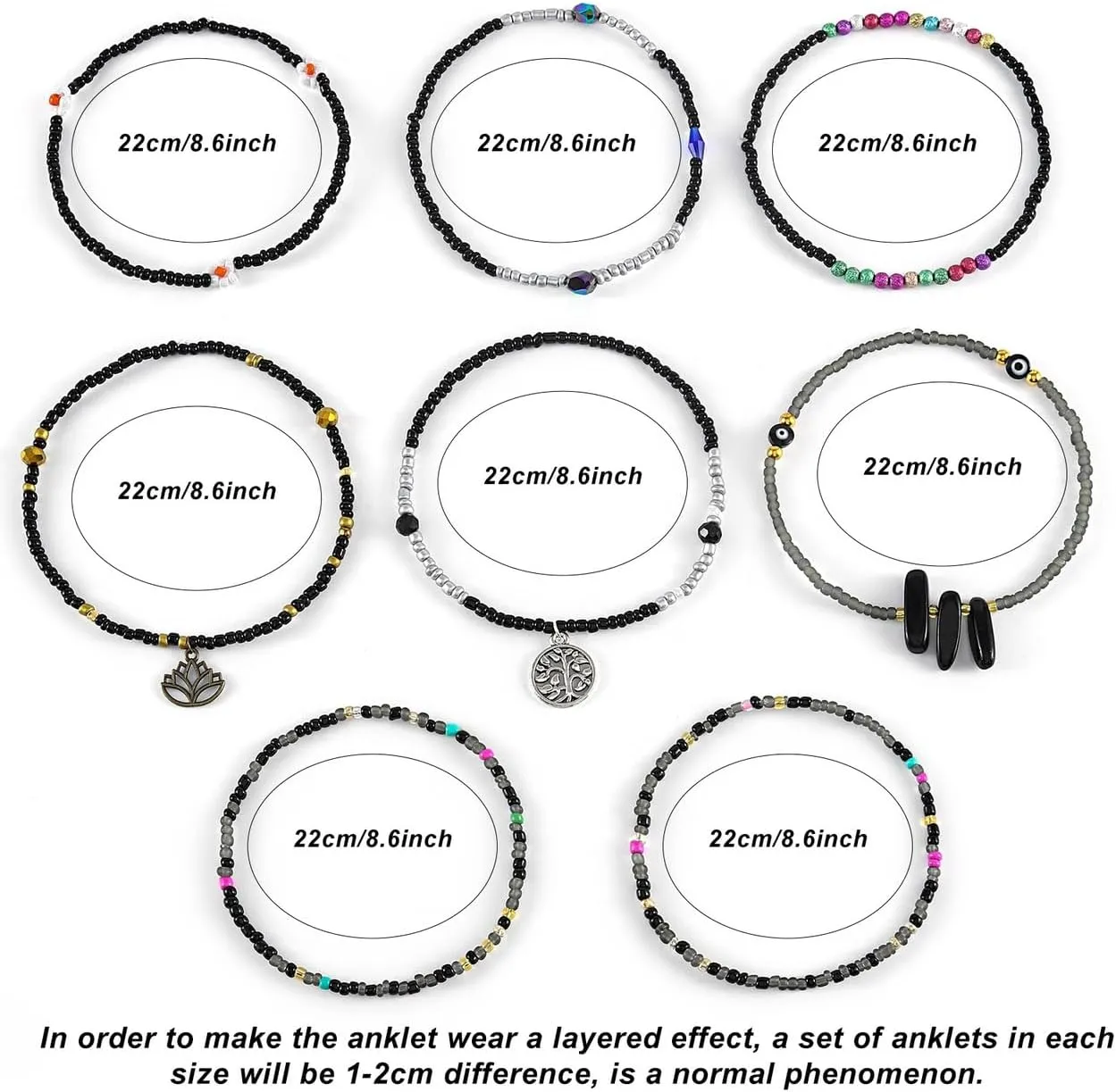 ELABEST African Beads Anklet 8pcs Boho Beaded Ankle Bracelet Elastic Bead Foot Chain Jewelry for Women