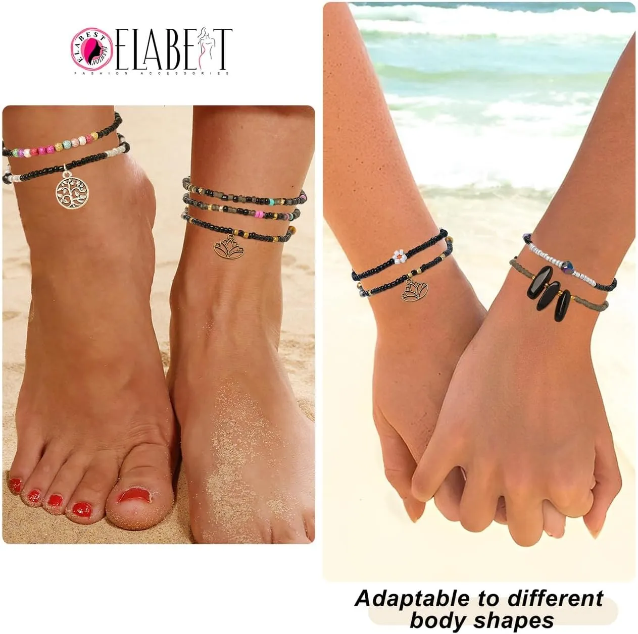 ELABEST African Beads Anklet 8pcs Boho Beaded Ankle Bracelet Elastic Bead Foot Chain Jewelry for Women