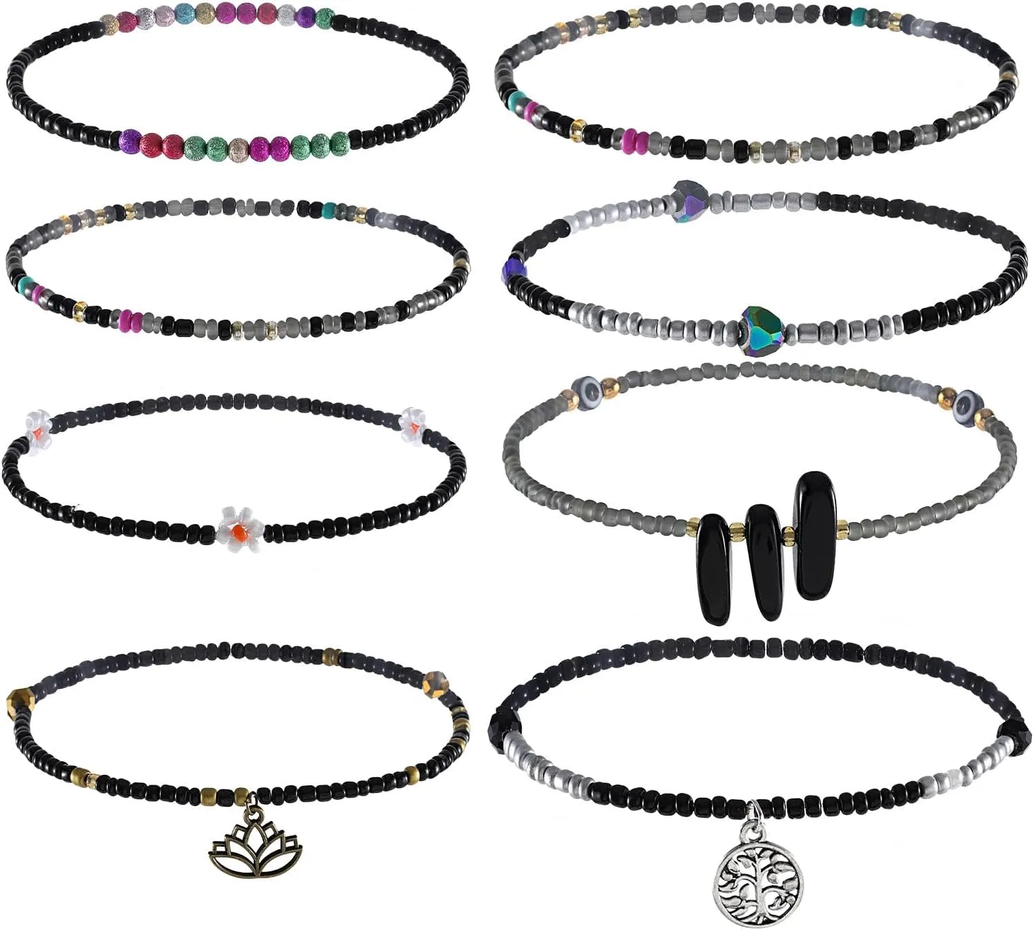 ELABEST African Beads Anklet 8pcs Boho Beaded Ankle Bracelet Elastic Bead Foot Chain Jewelry for Women