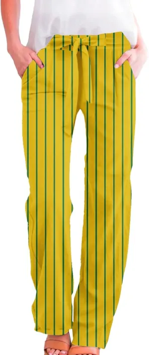 Elastic Waist Drawstring Pull On Pants for Women with Pockets Striped Print Straight Leg Linen Trousers Plus Size