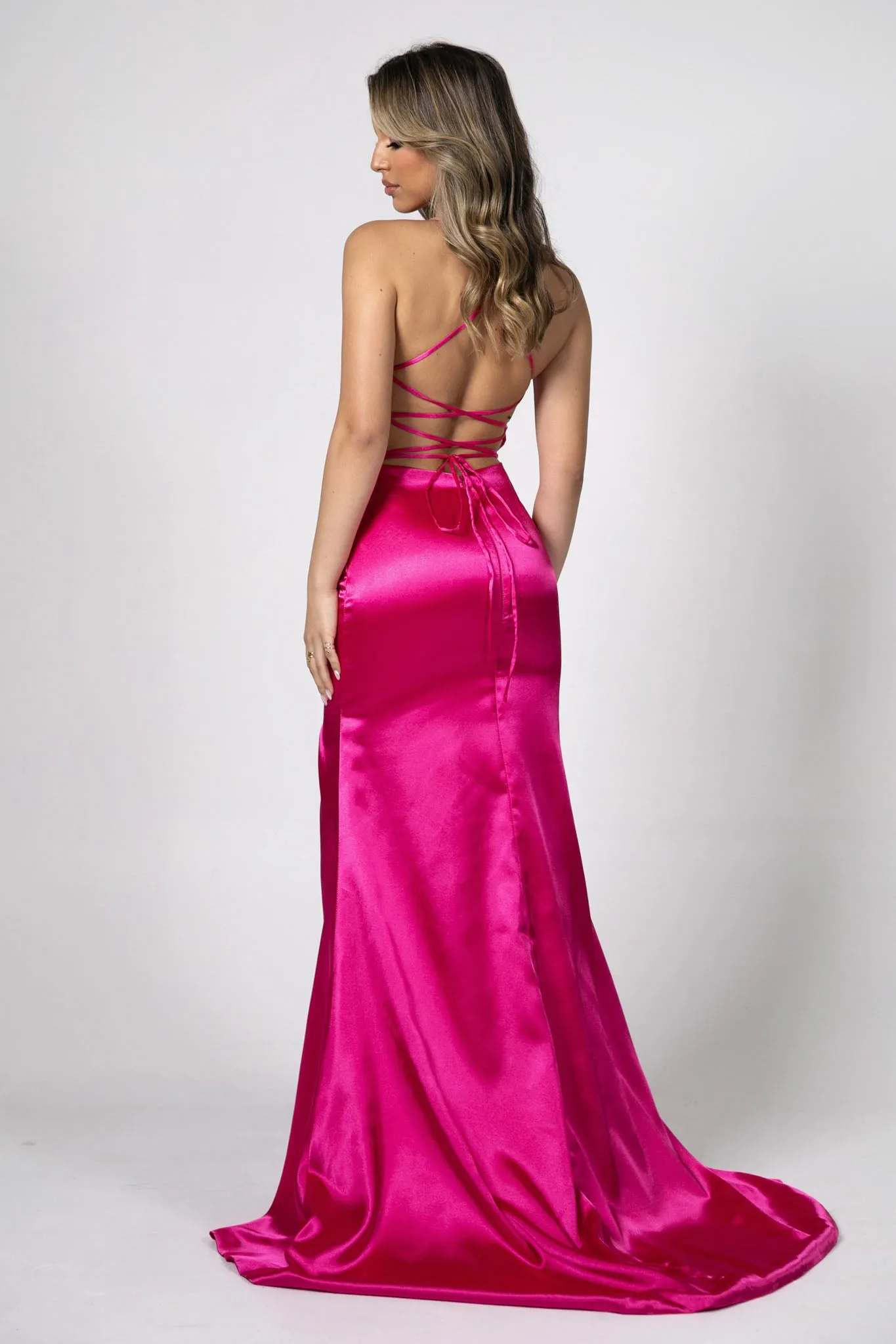 ELECTRA Lace Up Back Front Slit Satin Gown - Bright Pink