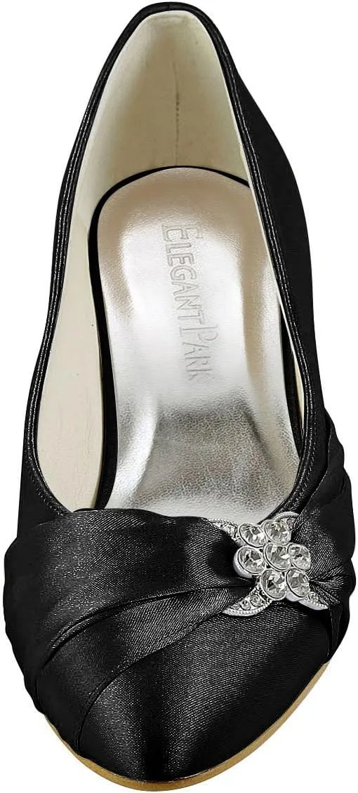 ELEGANTPARK Closed Toe Shoes for Women Low Heel Comfortable Wedding Shoes for Bride Satin Rhinestones Bridal Evening Prom Dress Pumps