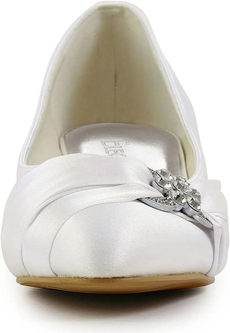 ELEGANTPARK Closed Toe Shoes for Women Low Heel Comfortable Wedding Shoes for Bride Satin Rhinestones Bridal Evening Prom Dress Pumps