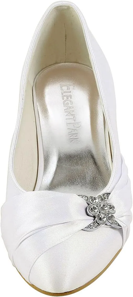 ELEGANTPARK Closed Toe Shoes for Women Low Heel Comfortable Wedding Shoes for Bride Satin Rhinestones Bridal Evening Prom Dress Pumps