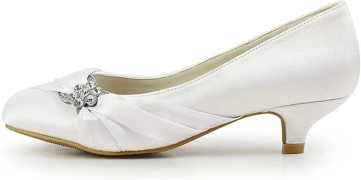 ELEGANTPARK Closed Toe Shoes for Women Low Heel Comfortable Wedding Shoes for Bride Satin Rhinestones Bridal Evening Prom Dress Pumps