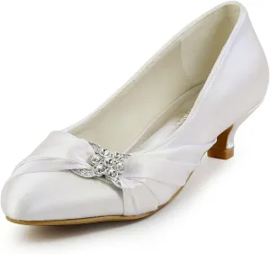 ELEGANTPARK Closed Toe Shoes for Women Low Heel Comfortable Wedding Shoes for Bride Satin Rhinestones Bridal Evening Prom Dress Pumps