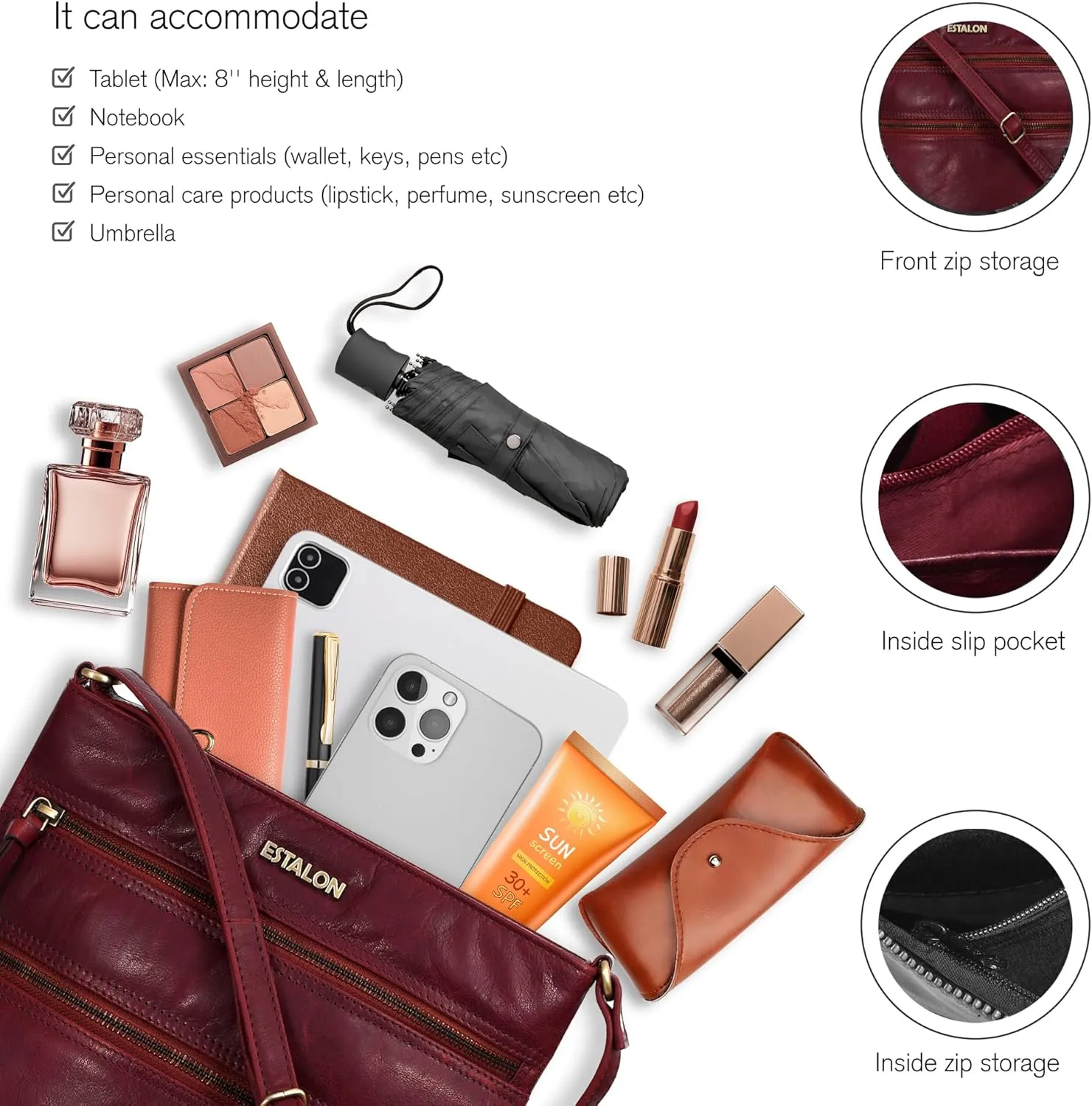 ESTALON Women's Real Leather Crossbody Purse With Adjustable Sling Strap - Medium Size Crossover Shoulder Hand Bag