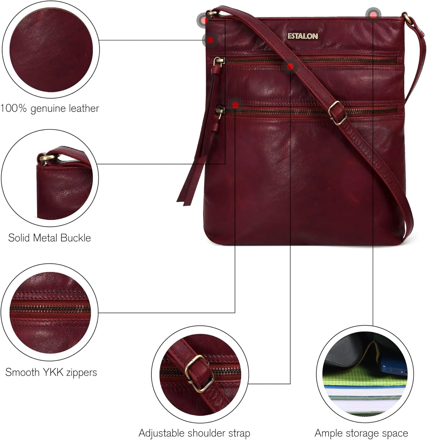 ESTALON Women's Real Leather Crossbody Purse With Adjustable Sling Strap - Medium Size Crossover Shoulder Hand Bag