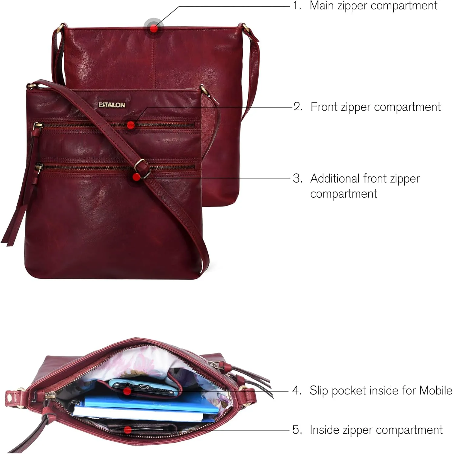 ESTALON Women's Real Leather Crossbody Purse With Adjustable Sling Strap - Medium Size Crossover Shoulder Hand Bag