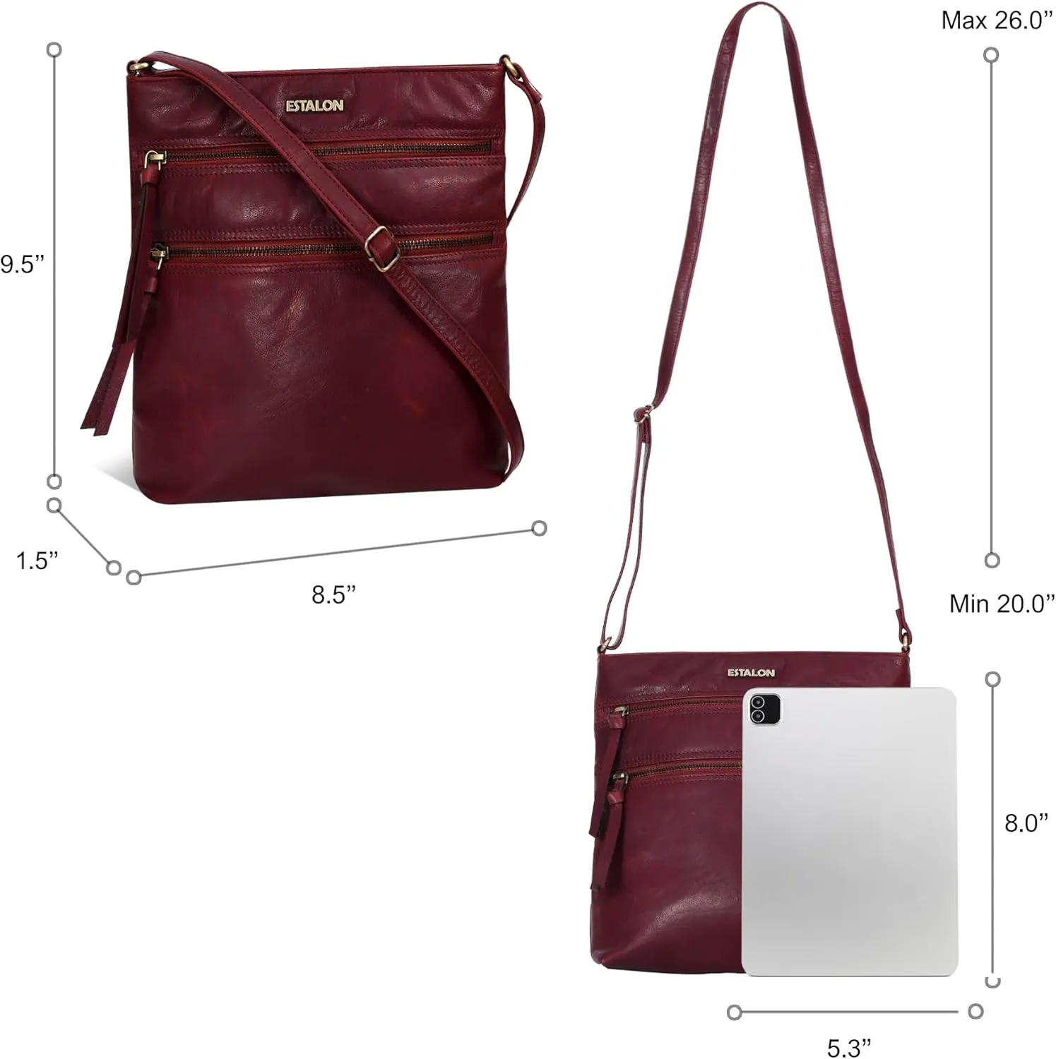 ESTALON Women's Real Leather Crossbody Purse With Adjustable Sling Strap - Medium Size Crossover Shoulder Hand Bag