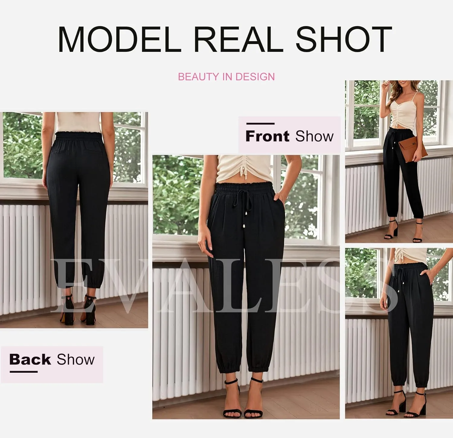 EVALESS Womens 2025 Summer Casual Pants Drawstring Elastic High Waisted Work Trousers Joggers Trendy Harem Pants with Pockets