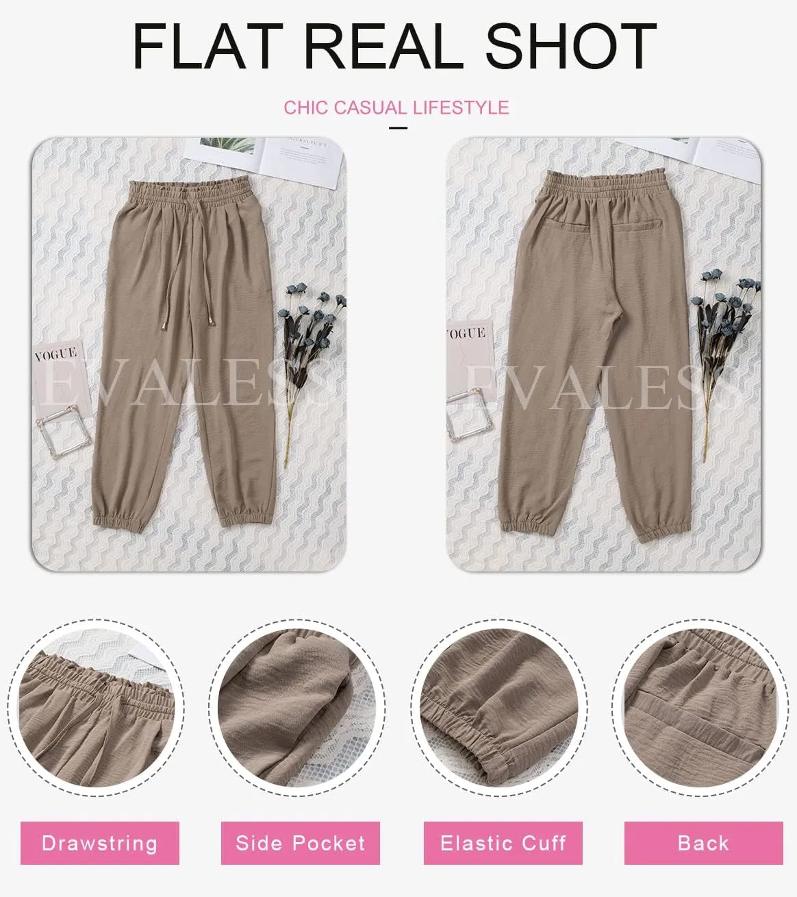 EVALESS Womens 2025 Summer Casual Pants Drawstring Elastic High Waisted Work Trousers Joggers Trendy Harem Pants with Pockets
