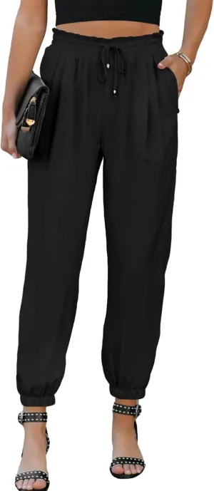 EVALESS Womens 2025 Summer Casual Pants Drawstring Elastic High Waisted Work Trousers Joggers Trendy Harem Pants with Pockets
