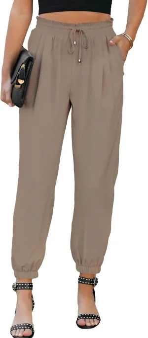 EVALESS Womens 2025 Summer Casual Pants Drawstring Elastic High Waisted Work Trousers Joggers Trendy Harem Pants with Pockets