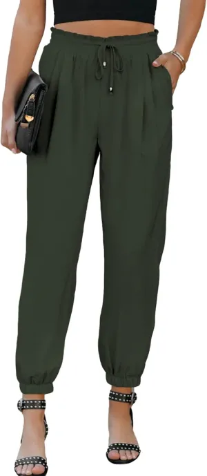 EVALESS Womens 2025 Summer Casual Pants Drawstring Elastic High Waisted Work Trousers Joggers Trendy Harem Pants with Pockets