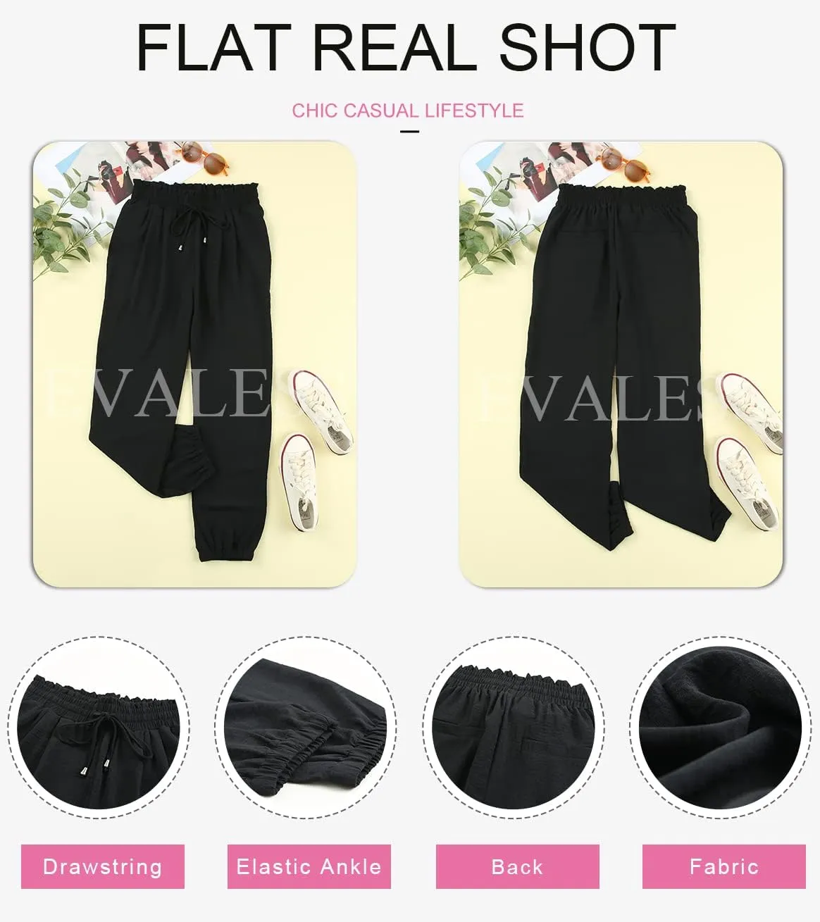 EVALESS Womens 2025 Summer Casual Pants Drawstring Elastic High Waisted Work Trousers Joggers Trendy Harem Pants with Pockets