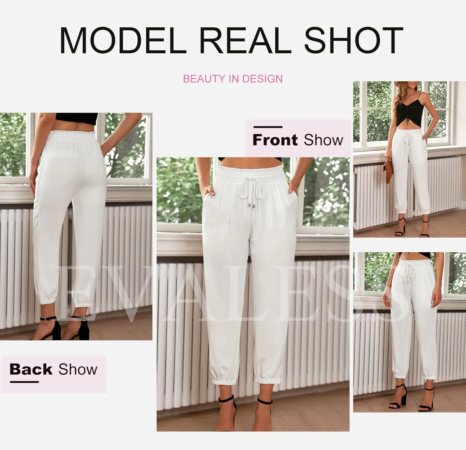 EVALESS Womens 2025 Summer Casual Pants Drawstring Elastic High Waisted Work Trousers Joggers Trendy Harem Pants with Pockets