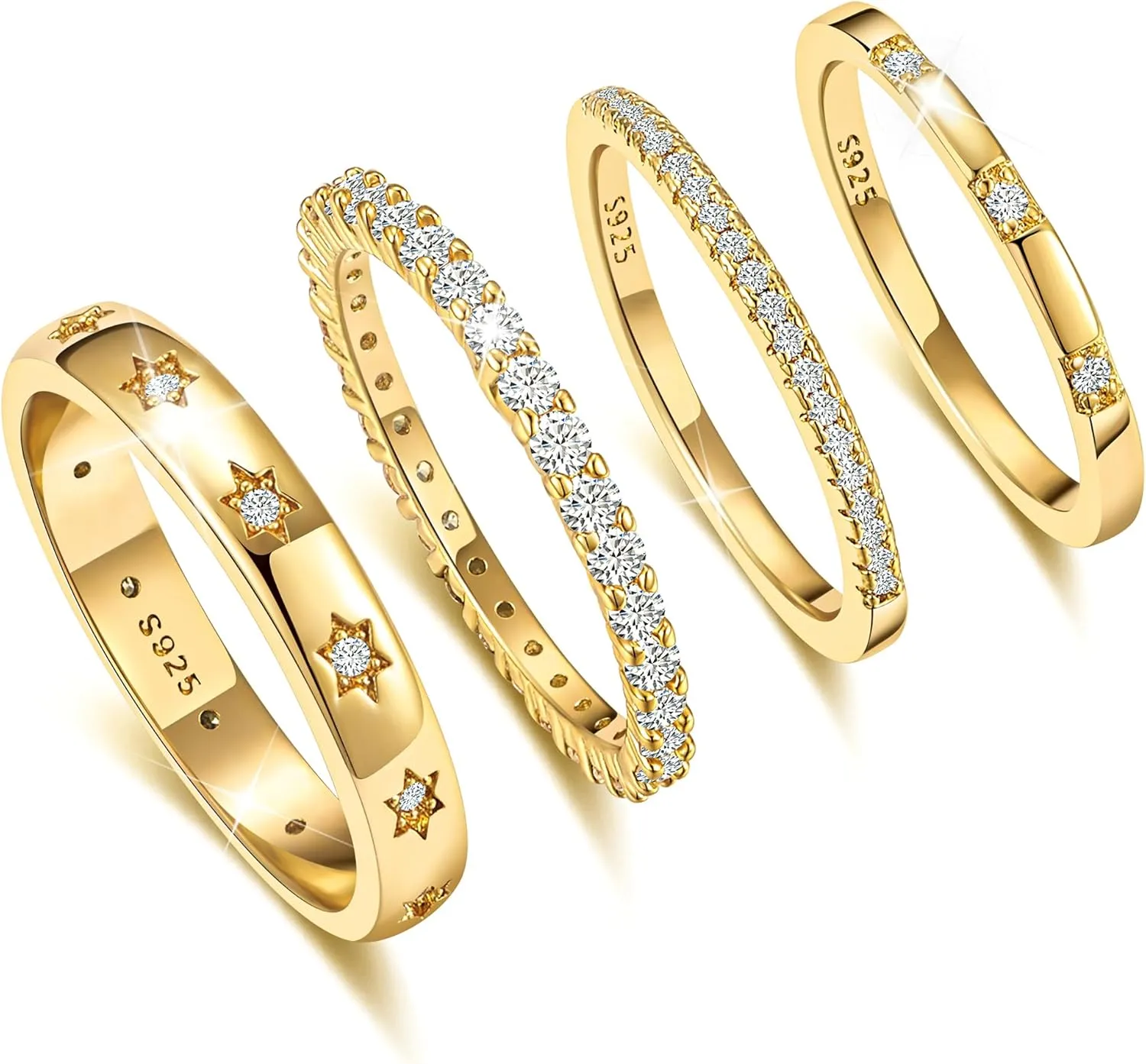 EXGOX Dainty Stackable Gold Rings - 14K Gold Plated, Non Tarnish Cubic Zirconia Stacking & Thumb Knuckle Rings (4pcs Size 7-11)