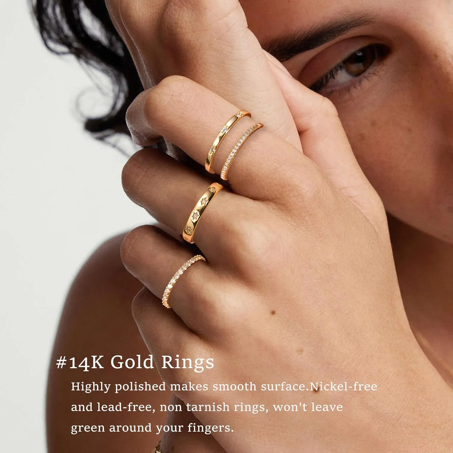 EXGOX Dainty Stackable Gold Rings - 14K Gold Plated, Non Tarnish Cubic Zirconia Stacking & Thumb Knuckle Rings (4pcs Size 7-11)