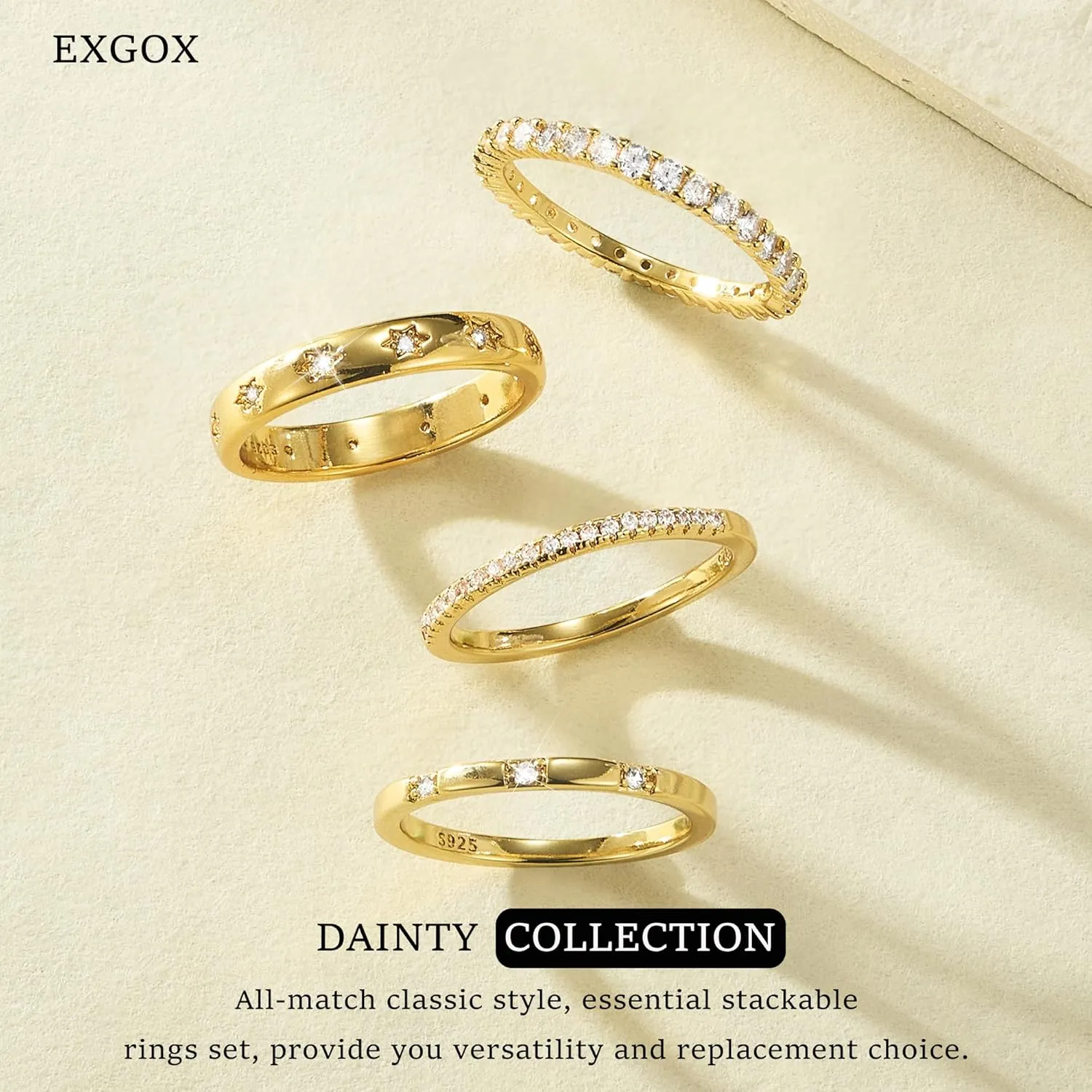 EXGOX Dainty Stackable Gold Rings - 14K Gold Plated, Non Tarnish Cubic Zirconia Stacking & Thumb Knuckle Rings (4pcs Size 7-11)
