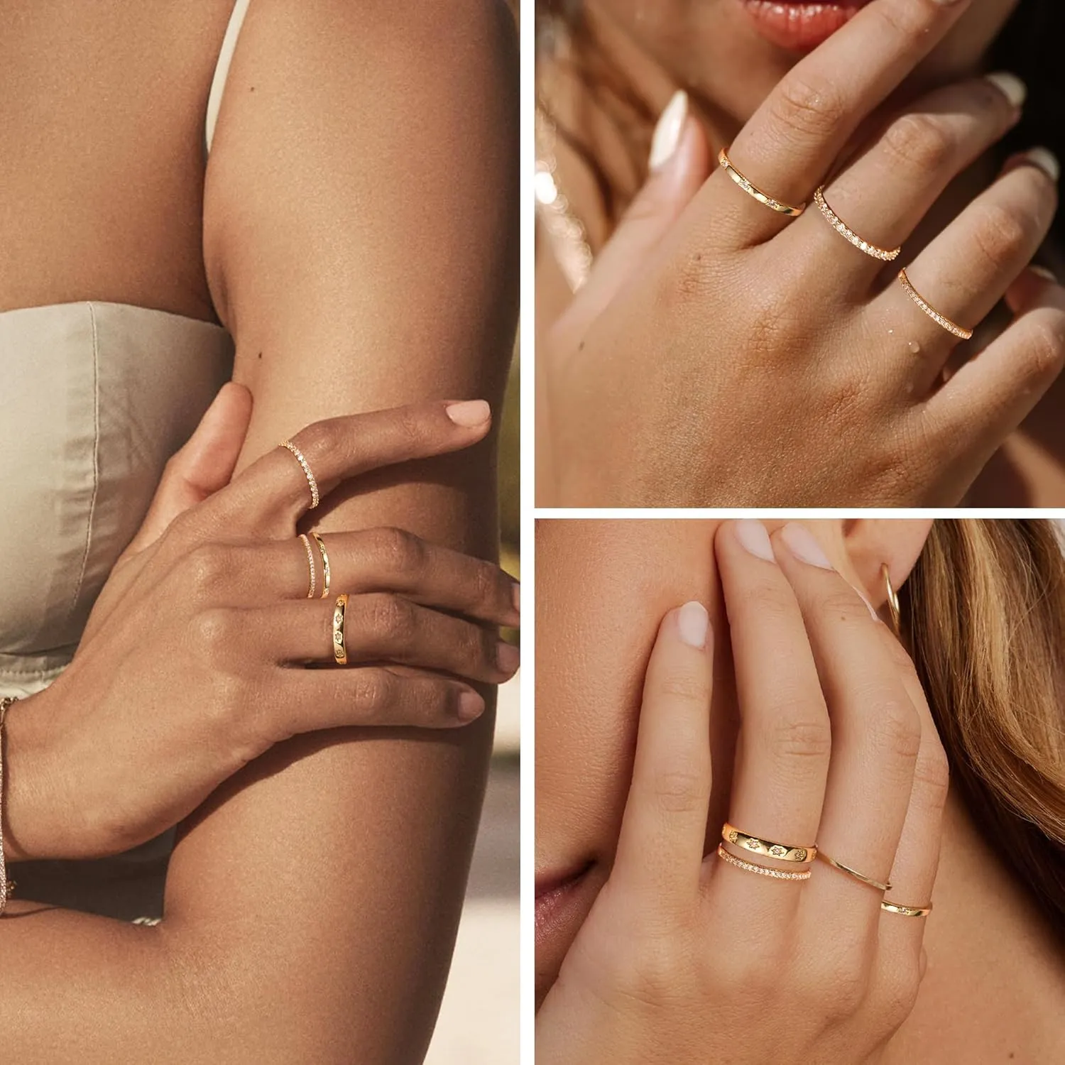 EXGOX Dainty Stackable Gold Rings - 14K Gold Plated, Non Tarnish Cubic Zirconia Stacking & Thumb Knuckle Rings (4pcs Size 7-11)