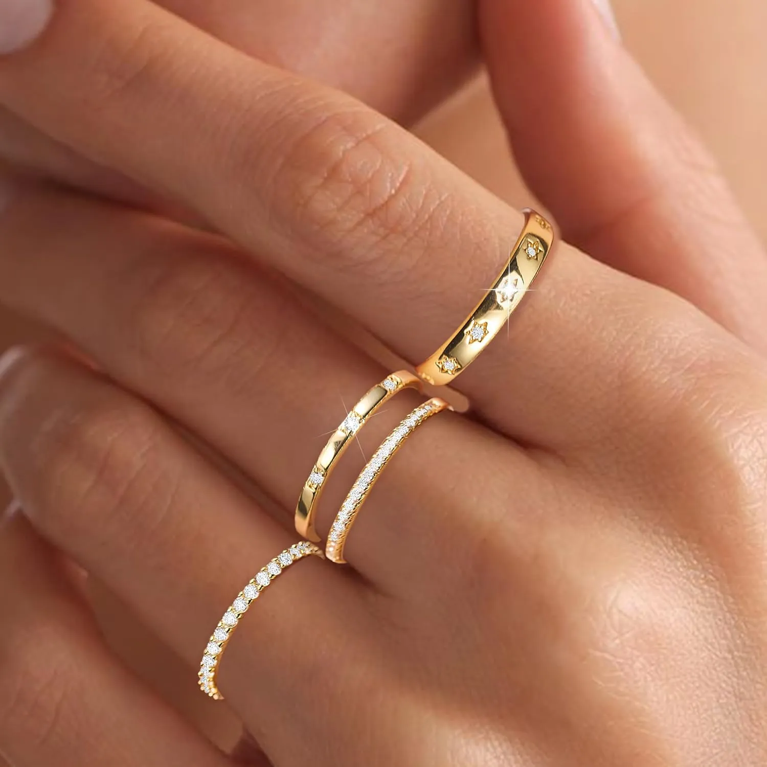 EXGOX Dainty Stackable Gold Rings - 14K Gold Plated, Non Tarnish Cubic Zirconia Stacking & Thumb Knuckle Rings (4pcs Size 7-11)