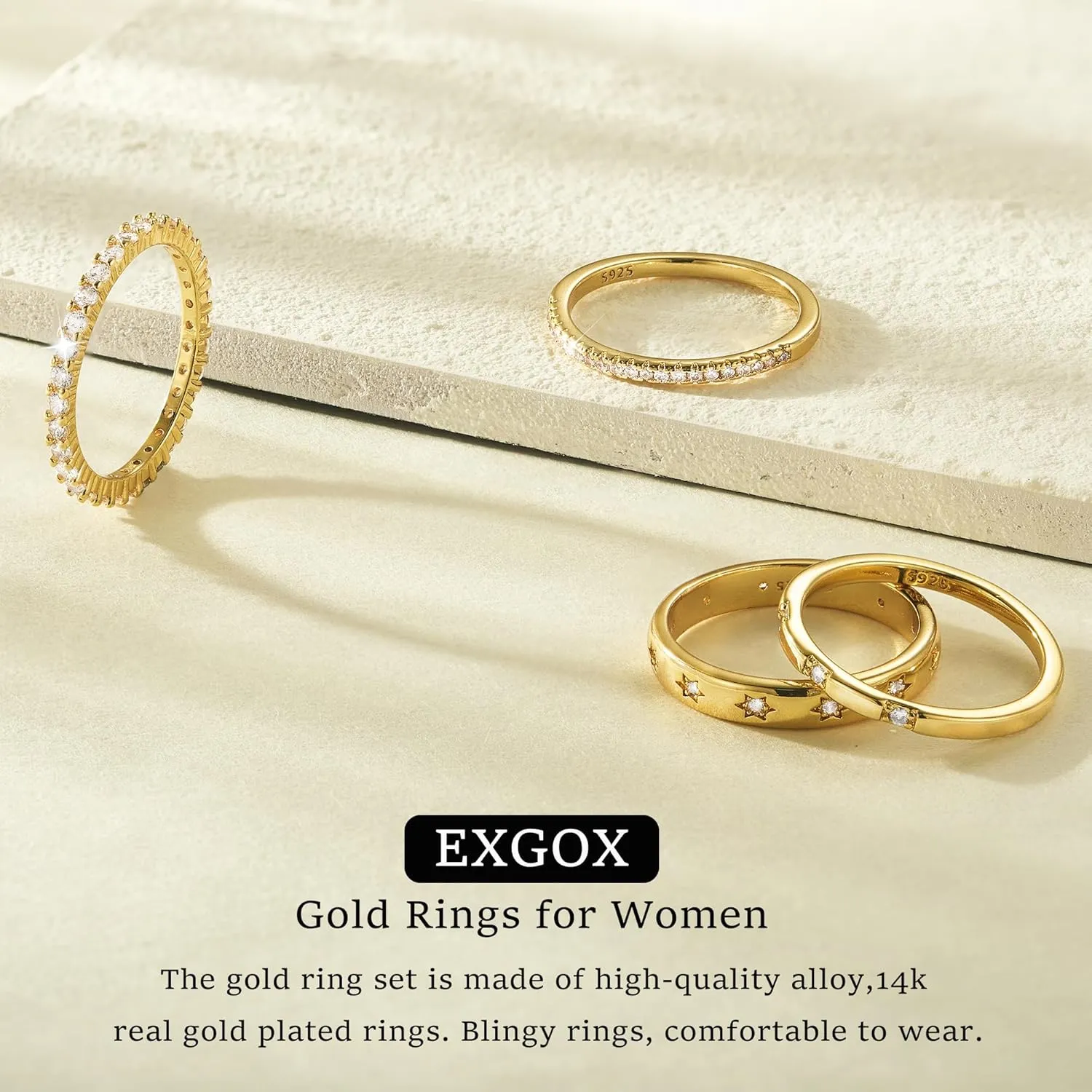 EXGOX Dainty Stackable Gold Rings - 14K Gold Plated, Non Tarnish Cubic Zirconia Stacking & Thumb Knuckle Rings (4pcs Size 7-11)