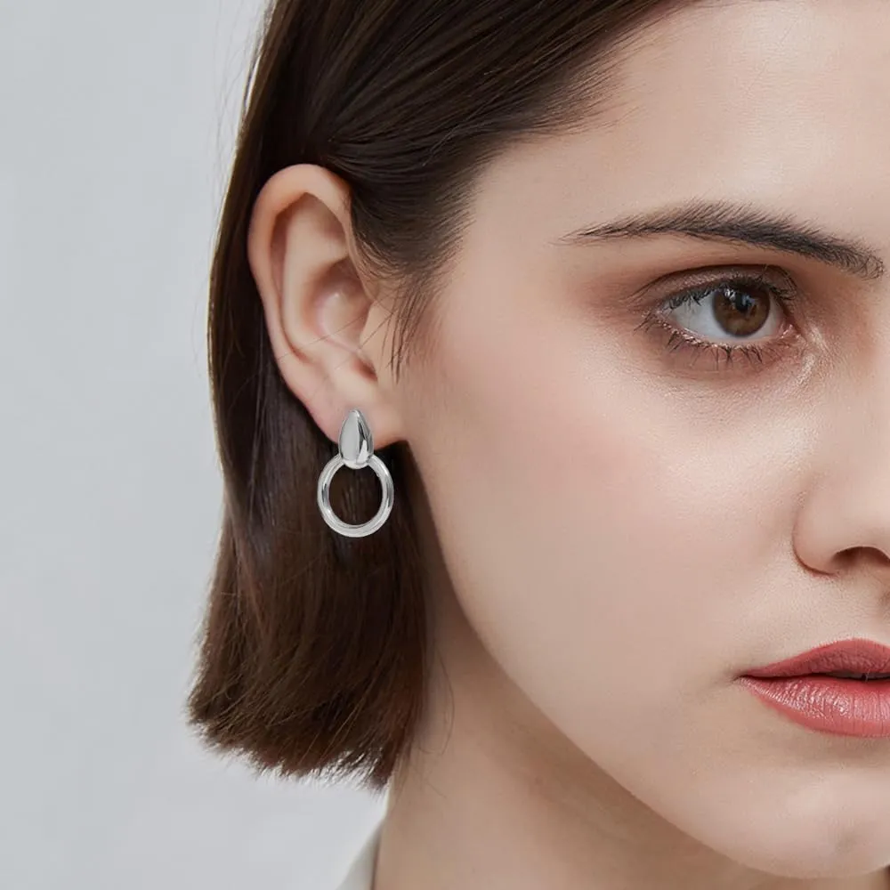 Fashion Waterdrop Circle Dangle Stud Earrings for Women Minimalist Geometric Round Teardrop Stainless Steel Drop Studs Earrings