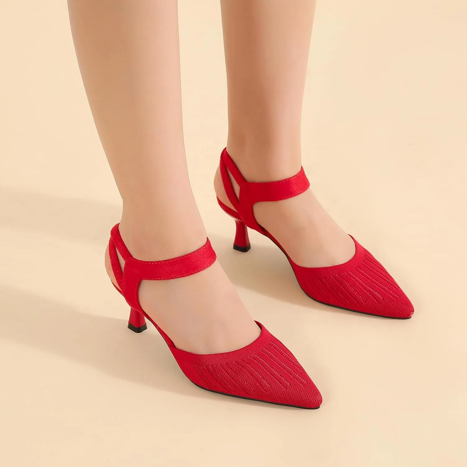 fereshte Women's Low Kitten Heels Knit Pumps Elastic Ankle Strap Slingback Dress Shoes