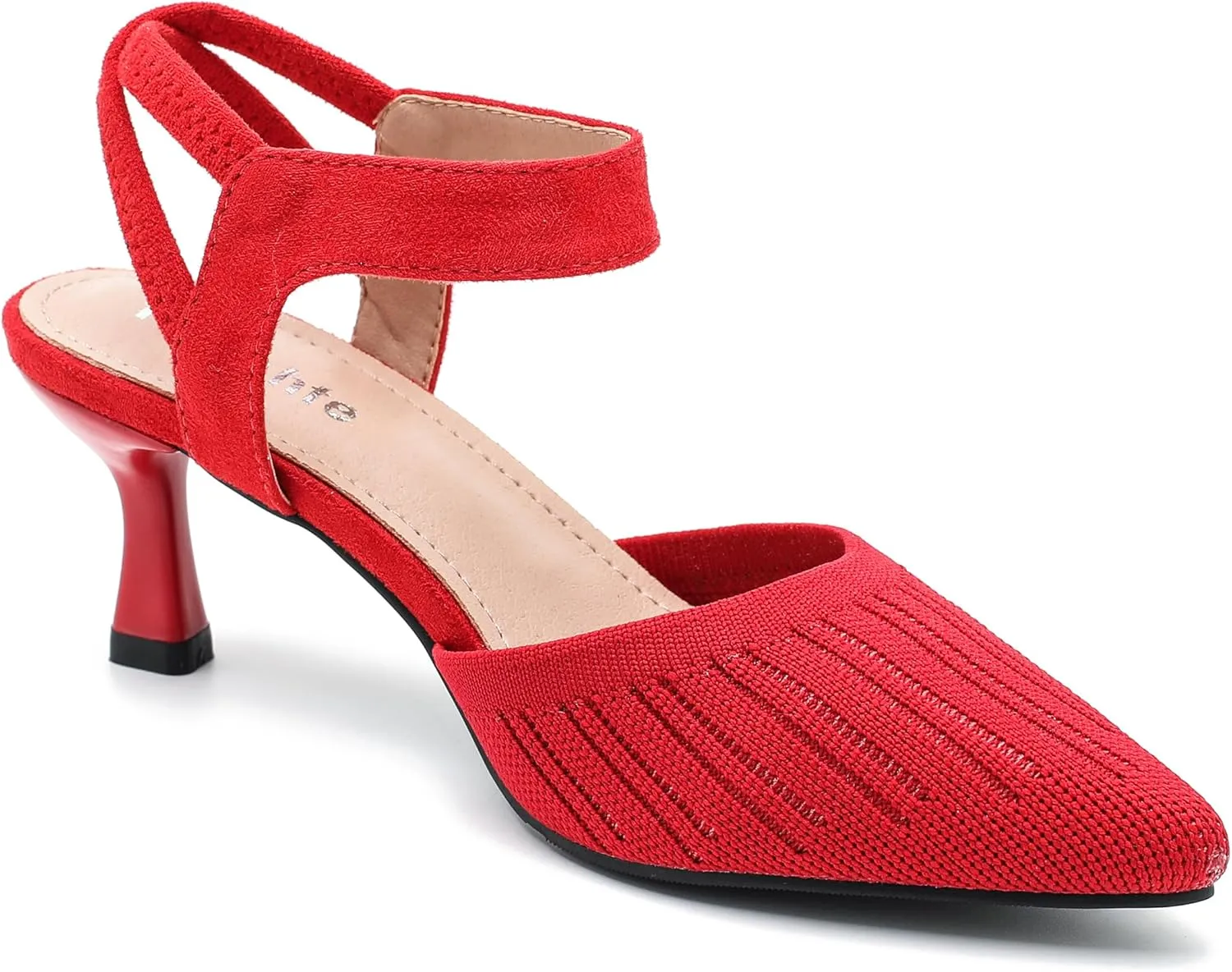 fereshte Women's Low Kitten Heels Knit Pumps Elastic Ankle Strap Slingback Dress Shoes