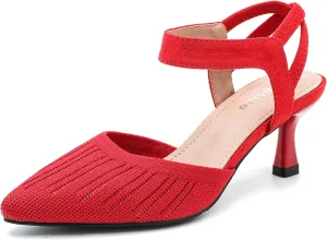 fereshte Women's Low Kitten Heels Knit Pumps Elastic Ankle Strap Slingback Dress Shoes